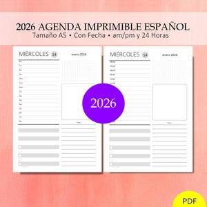 2026 Agenda Diaria Imprimible Un Día Por Página Organizador Diario 366 Días Con Fecha en am/pm o Tiempo 24 Horas. Español. PDF A5