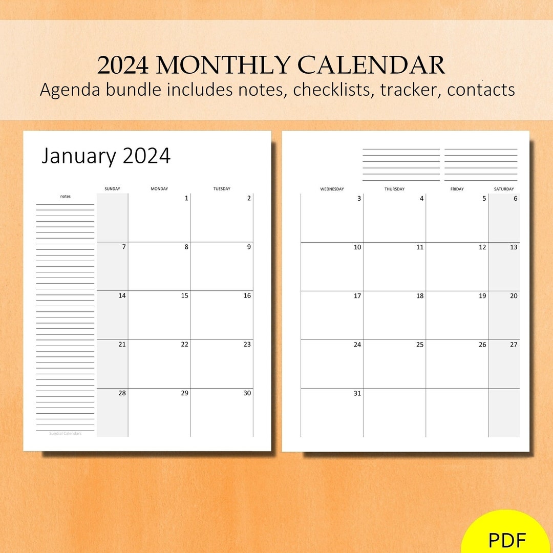 2024 Monthly Calendar Planner. PDF Agenda Printable. Inlcudes Etsy