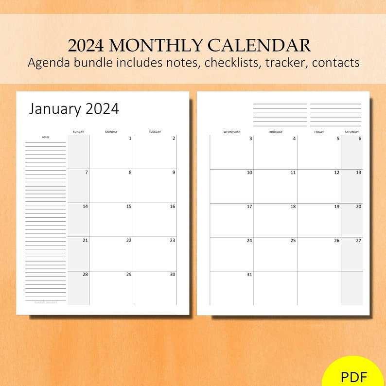 2024 Monthly Calendar Planner. PDF Agenda Printable. Inlcudes Etsy