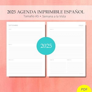 2025 Semana a la Vista Con Fecha. Semana Por Dos Páginas: Con y Sin Líneas. Imprimible Planificadora Diaria Agenda. PDF. A5