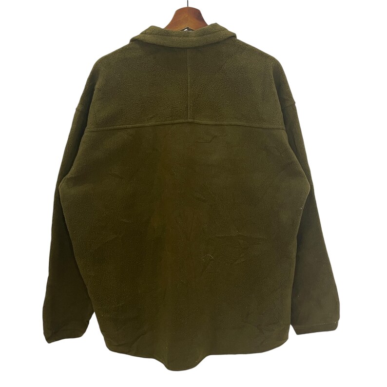 May include: Olive green fleece jacket with a collared neckline and button closure. The jacket is hanging on a wooden hanger. The back of the jacket is visible, showing the seams and the texture of the fleece material.
