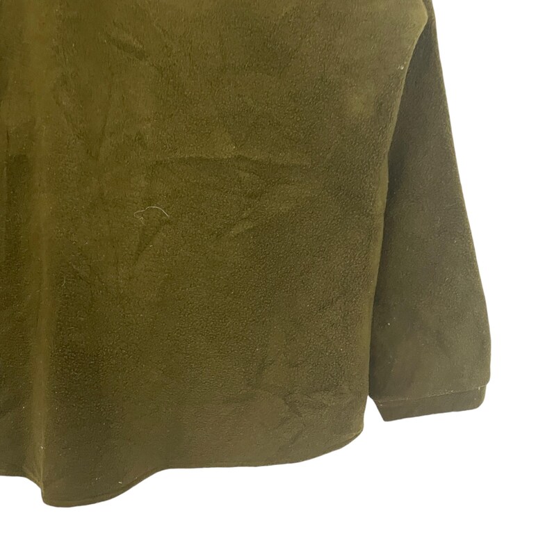 May include: Olive green fleece pullover. The soft, textured fabric is visible in this close-up shot. The long-sleeved top has a simple, classic design, perfect for casual wear. The fleece material appears warm and comfortable.