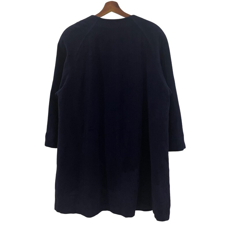 May include: A dark blue long-sleeved coat with a round neckline and a slightly flared hem.