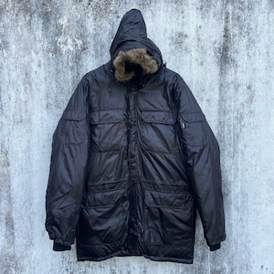May include: A black hooded winter jacket with a fur-lined hood and multiple pockets.