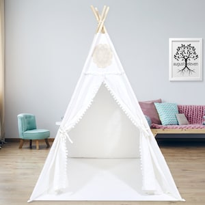 Teepees for Kids | Natural Pom Pom | Featured Design | White with Mat | Window | Storage Compartment