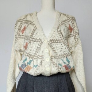 Vintage 1990's Slouchy Handknit Allison Brittney Ivory Cardigan Butterflies Flowers image 1