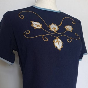 REDUCED Vintage 1940's 1950's New Old Stock with Tags Hand Painted Gold and White Leaves Crop Navy Blue Short Sleeve Blouse image 1