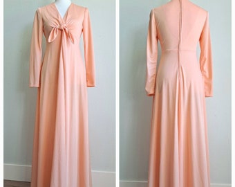 1970's Vintage Luscious Peach Long Sleeve Empire Waist Maxi Dress XS-S