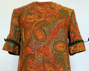 Vintage Late 1960's Early 1970s Orange and Green Paisley Floral Dress