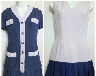 Vintage 1960's Mod Mini Lavender Purple and Navy Blue Color Block Dress and Short Sleeve Jacket Set 26" Waist