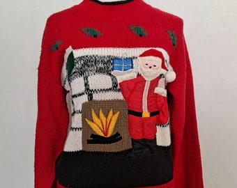 Vintage 1980's Fashion Force Ugly Christmas Sweater Santa with Pompom Fireplace