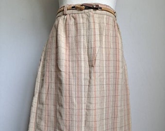 Vintage Early 1970's MJ Concepts in Sportswear Beige and Coral Plaid High Waist Midi Skirt 29" Waist