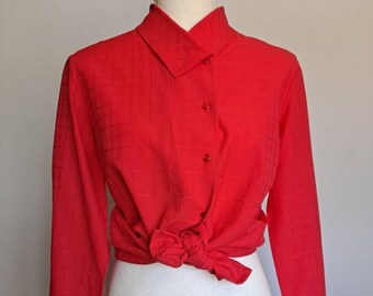 Vintage 1980's Judy Bond Red Windowpane Long Sleeve Blouse Medium