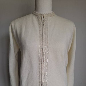 Vintage 1960's Tai Tung Co Lambswool Angora with Cashmere Finish Sequined Beaded Zip Up Long Sleeve Sweater S/M Off White image 1