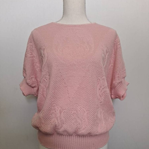 Vintage Late 1970's Early 1980's Keneth Too! Pink Short Dolman Sleeve Lightweight Acrylic Knit Sweater Medium