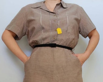 Vintage 1940's - 1950's Cotton Town Taupe Brown Short Sleeve Shirtwaist Dress Large Extra Large 36" Waist NOS
