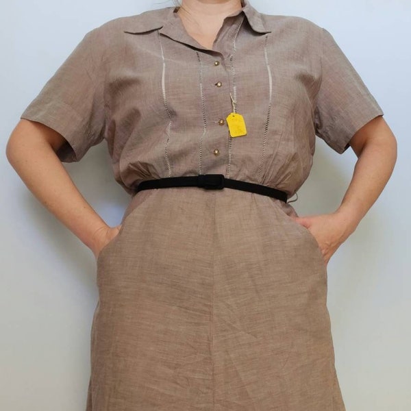 Vintage 1940's - 1950's Cotton Town Taupe Brown Short Sleeve Shirtwaist Dress Large Extra Large 36" Waist NOS