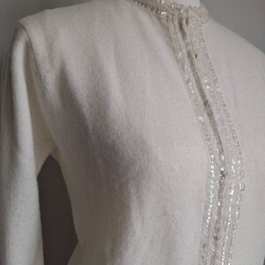 Vintage 1960's Tai Tung Co Lambswool Angora with Cashmere Finish Sequined Beaded Zip Up Long Sleeve Sweater S/M Off White image 2
