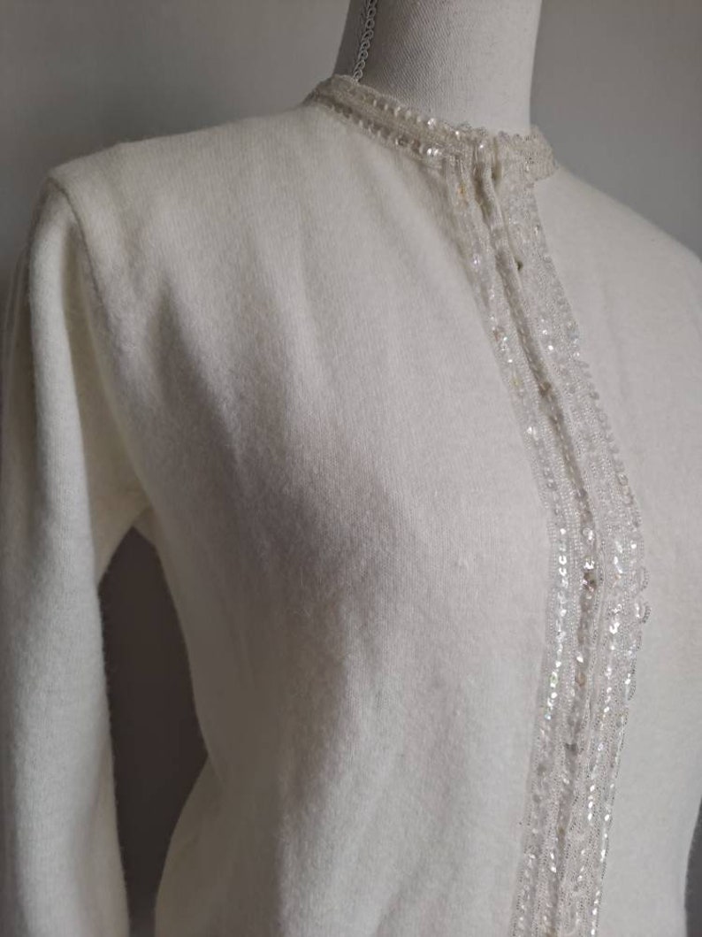 Vintage 1960's Tai Tung Co Lambswool Angora with Cashmere Finish Sequined Beaded Zip Up Long Sleeve Sweater S/M Off White image 2