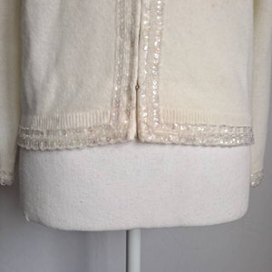 Vintage 1960's Tai Tung Co Lambswool Angora with Cashmere Finish Sequined Beaded Zip Up Long Sleeve Sweater S/M Off White image 6