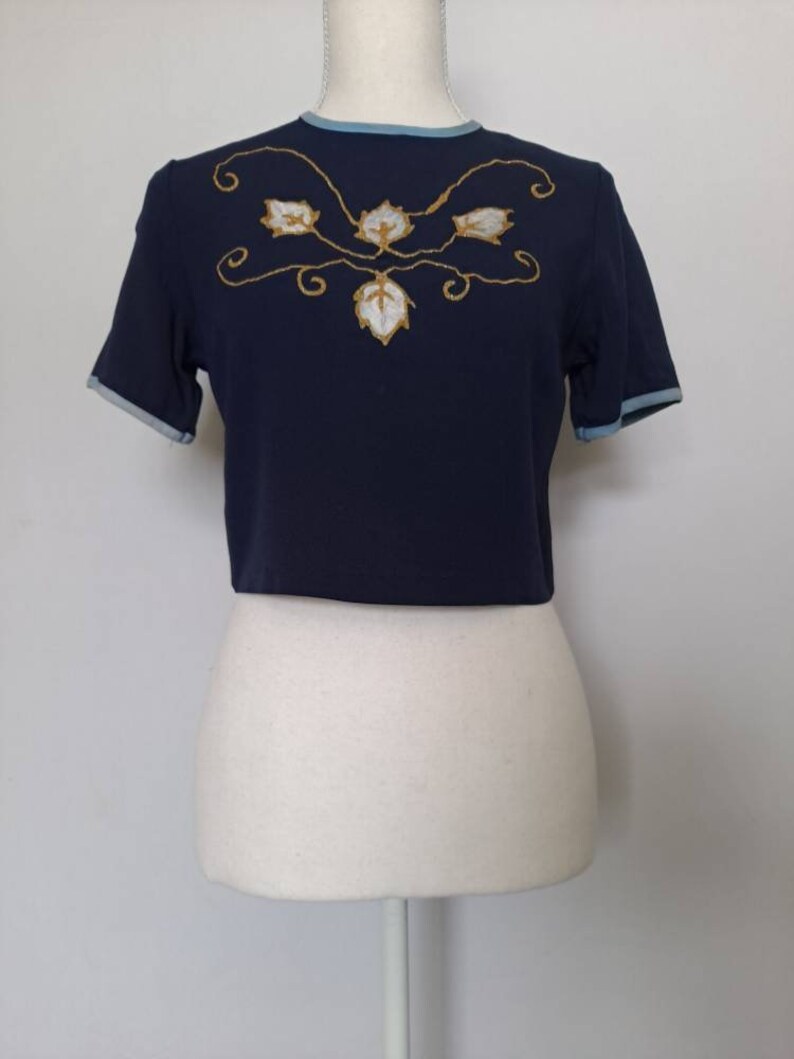 REDUCED Vintage 1940's 1950's New Old Stock with Tags Hand Painted Gold and White Leaves Crop Navy Blue Short Sleeve Blouse image 4