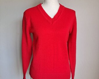 Vintage 1970's Empire Knitwear Bright Red Pullover V-neck Sweater S/M