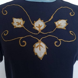 REDUCED Vintage 1940's 1950's New Old Stock with Tags Hand Painted Gold and White Leaves Crop Navy Blue Short Sleeve Blouse image 2