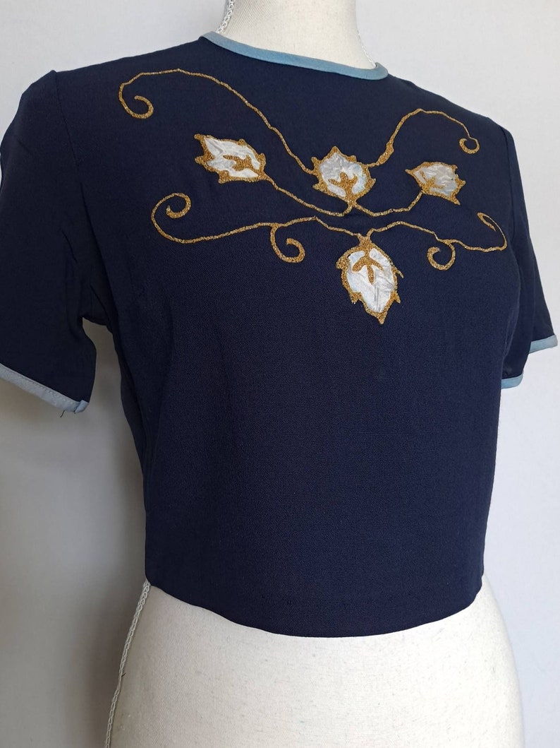 REDUCED Vintage 1940's 1950's New Old Stock with Tags Hand Painted Gold and White Leaves Crop Navy Blue Short Sleeve Blouse image 1