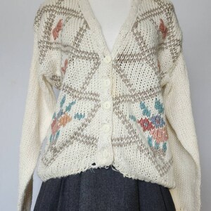 Vintage 1990's Slouchy Handknit Allison Brittney Ivory Cardigan Butterflies Flowers image 2