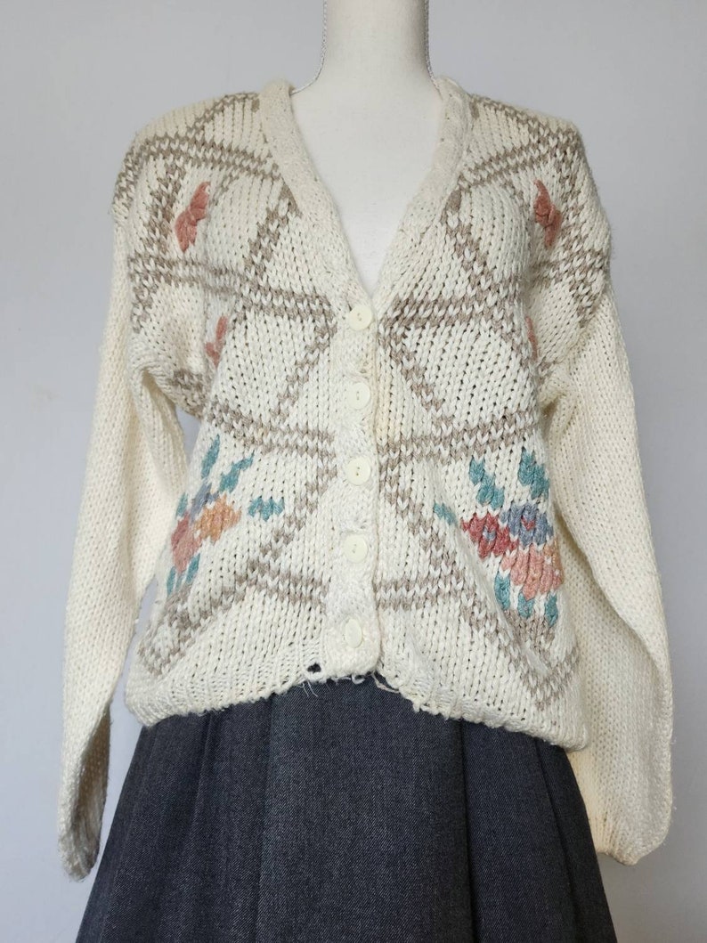 Vintage 1990's Slouchy Handknit Allison Brittney Ivory Cardigan Butterflies Flowers image 2