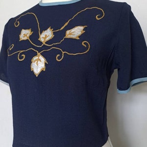 REDUCED Vintage 1940's 1950's New Old Stock with Tags Hand Painted Gold and White Leaves Crop Navy Blue Short Sleeve Blouse image 3