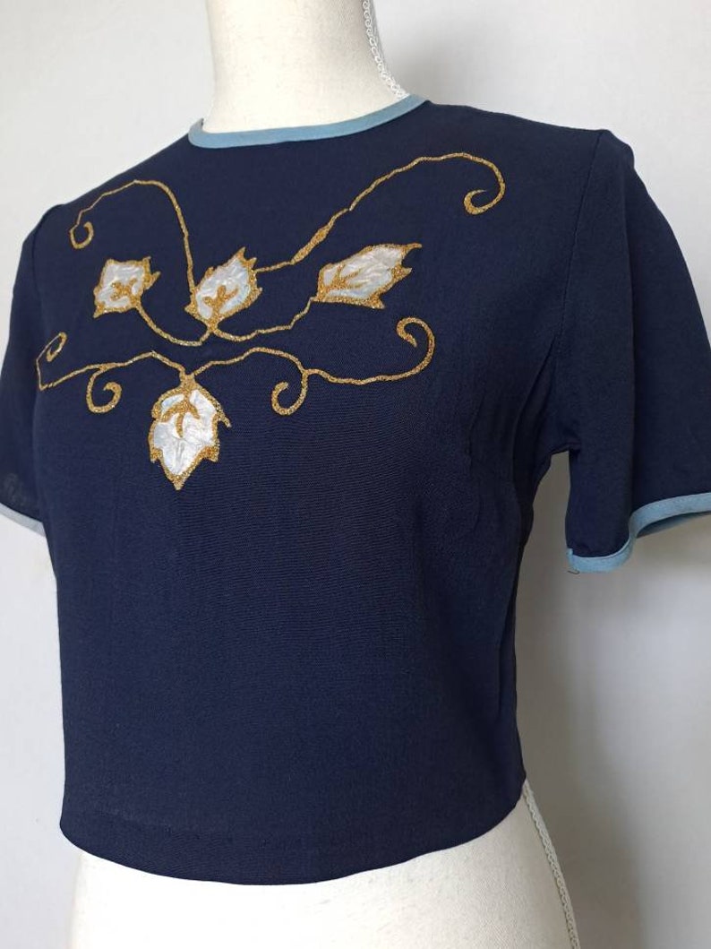 REDUCED Vintage 1940's 1950's New Old Stock with Tags Hand Painted Gold and White Leaves Crop Navy Blue Short Sleeve Blouse image 3