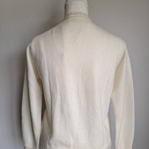 Vintage 1960's Tai Tung Co Lambswool Angora with Cashmere Finish Sequined Beaded Zip Up Long Sleeve Sweater S/M Off White image 8