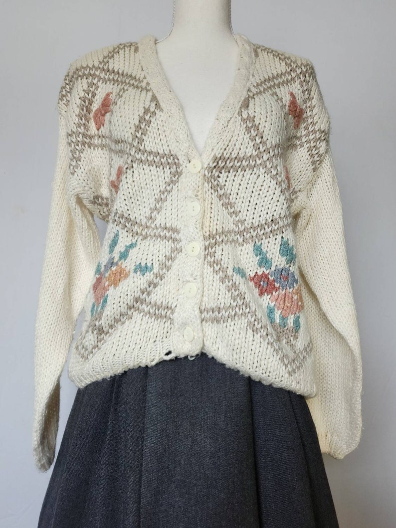 Vintage 1990's Slouchy Handknit Allison Brittney Ivory Cardigan Butterflies Flowers image 3