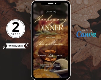 Thanksgiving video-uitnodiging, Friendsgiving-feestje Turkije diner Potluck animatie Evite Canva bewerkbare sjabloon DIY digitale download uitnodiging
