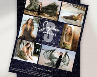 Könnte beinhalten: Eine Abschlussanzeige mit einem marineblauen Hintergrund mit silbernem Glitzer. Die Anzeige zeigt eine Collage von Fotos einer jungen Frau in einem grünen Kleid. Der Text lautet "Sophie Andrews Klasse von 20XX".