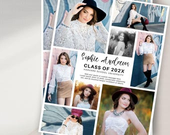 May include: A collage of photos of a young woman in various poses and settings. The photos are arranged in a grid pattern and include a photo of the woman in a white lace dress, a photo of the woman in a black hat, and a photo of the woman in a red dress. The text "Sophic Andrews Class of 202X Harvard School University" is printed at the top of the collage.