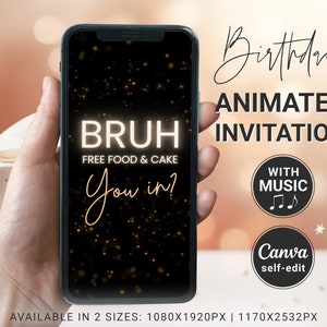 Birthday Invite for 13 Year Old Boy, Bruh Free Food and Cake Bday Party Invitation Template with Photos and Music, Teens Neon Animated Evite