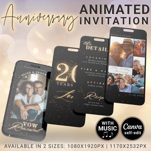 Convite de aniversário de 20 anos, convite de vídeo animado em preto e dourado para festa de casal de 20 anos, editável, evite fotos e música do Canva