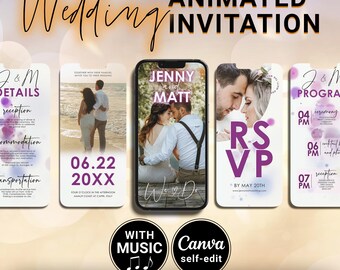 Animated Wedding Invitation, Purple Bokeh, Editable Photo, Canva Mobile Evite (Digital Video Download), P01