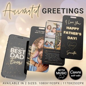 Carte animée fête des pères, photos personnalisées de papa avec modèle de musique, salutations vidéo de la fille modèle canva modifiable, cadeau bricolage pour papa