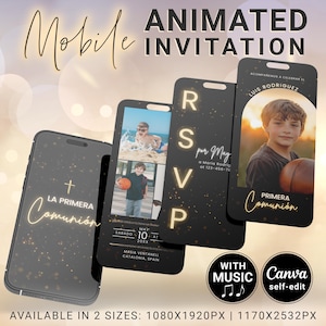 Primera Comunion Invitation Digital, Editable 1st Communion Mobile Invitation, Animated Gold Dust First Communion Photos & Music Evite Canva