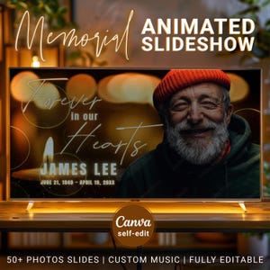 Funeral Slideshow Memorial Video Canva, Celebration of Life Custom Remembrance Photos in Candle Glitter Animation Tribute Service Download