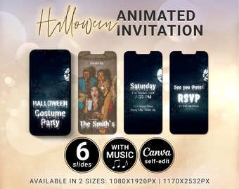 Halloween Party Video einladen, Benutzerdefiniertes Foto mit Musik Telefon Animierte Einladung, Scary Cemetery Canva Bearbeitbarer Handy Text Evite Download