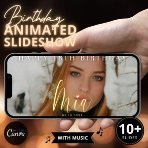 Birthday Slideshow Template, 18th Bday Party Custom Photos Presentation with Music Gift for Girls, Editable Canva Slides Video DIY Download