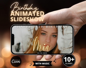 Birthday Slideshow Template, 18th Bday Party Custom Photos Presentation with Music Gift for Girls, Editable Canva Slides Video DIY Download
