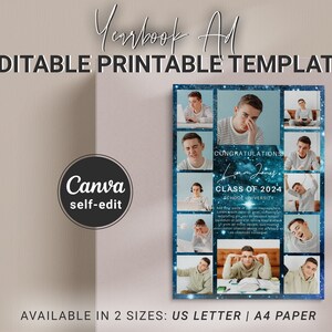 Jahrbuch-Anzeigen-Vorlage ganzseitiger Junge | Abitur-Tribute Ad bearbeitbare Canva Vorlage, Foto-Collage graduierter Werbung Download