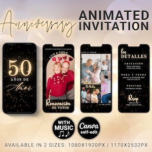 50 Anniversary Invitations Spanish, 50th Gold Aniversario De Bodas Mobile Digital Invitation Custom Photos Music Animation Templates, Canva
