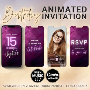 Downloadable Invitations Quince, Editable Photos Elegant Purple Quinceanera Invites with Music, Mis Quince Anos Digital Neon Video Evite DIY