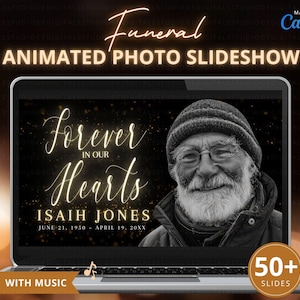 Funeral Photo Slideshow Canva Template, Celebration of Life Animated Gold Pictures Memorial Presentation 50 Slides Video with Music Download